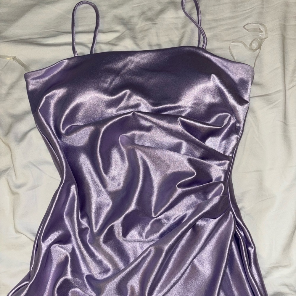 lavender satin prom dress, ruched at waist, one leg slit